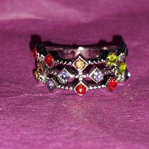 Gorgeous Rhodium Plated Unmarked Silver Ring Multi Color Sparkling Stones Size 7